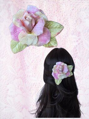 Handmade Blush Pink Velvet Rose Hair Clip Balletcore Romantic Cottage